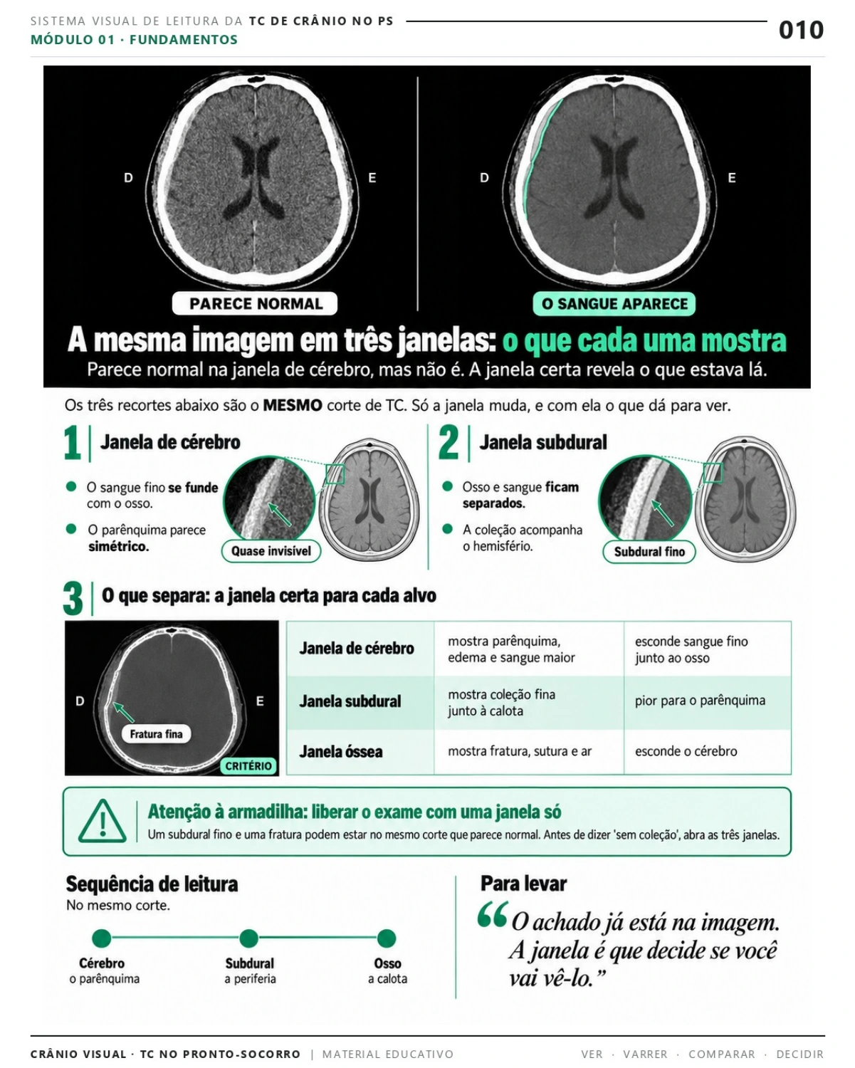 Página 10: A mesma imagem em três janelas. Prévia do PDF Crânio Visual TC; imagens didáticas simuladas.
